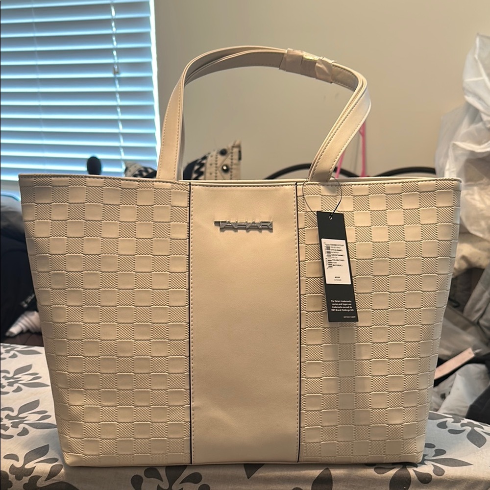 Tahari Cream Structured Tote Bag with Checkerboard Pattern